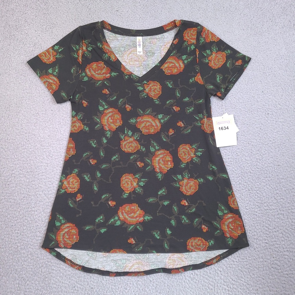 LuLaRoe Christy T-shirt Womens XS Black Orange Pixel Rose Floral V-Neck High-Low